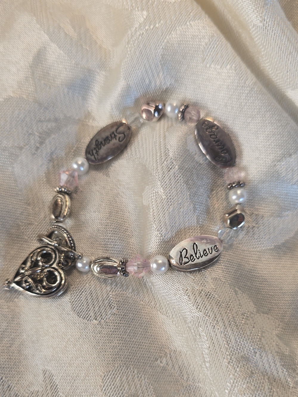 Believe Strength Courage Heart Charm Beaded Bracelet - Pink and Silver